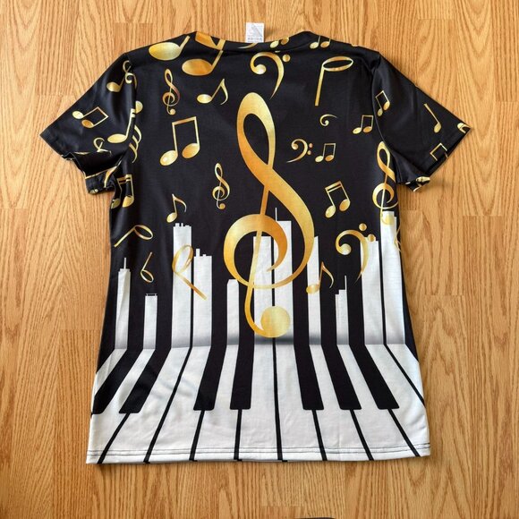 Womens Piano Keys Music Notes Graphic Tee Size M Black Gold V Neck Shirt Singer - Picture 6 of 8